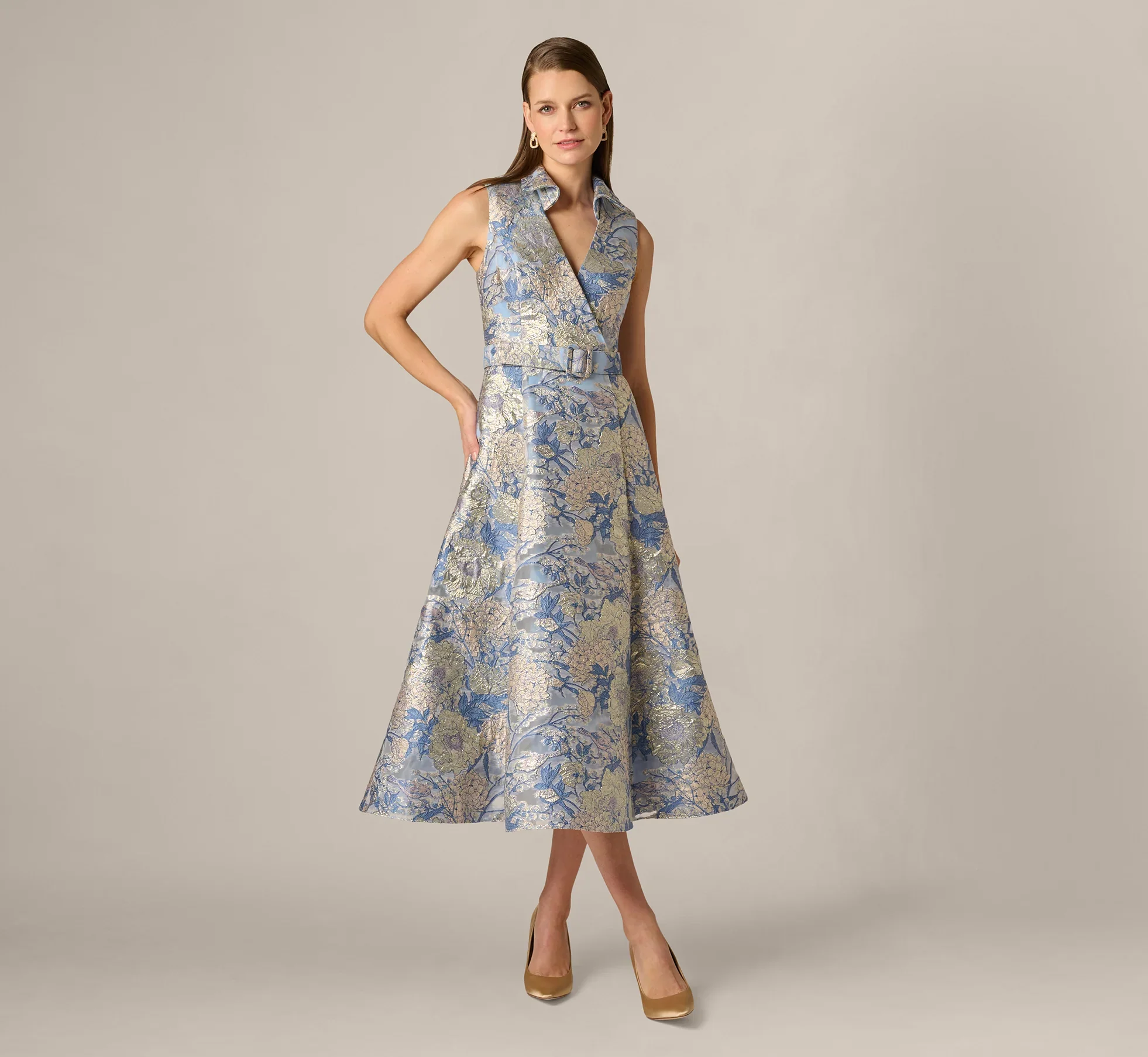Aidan Mattox Floral Jacquard Collared Midi Dress MD1E209963