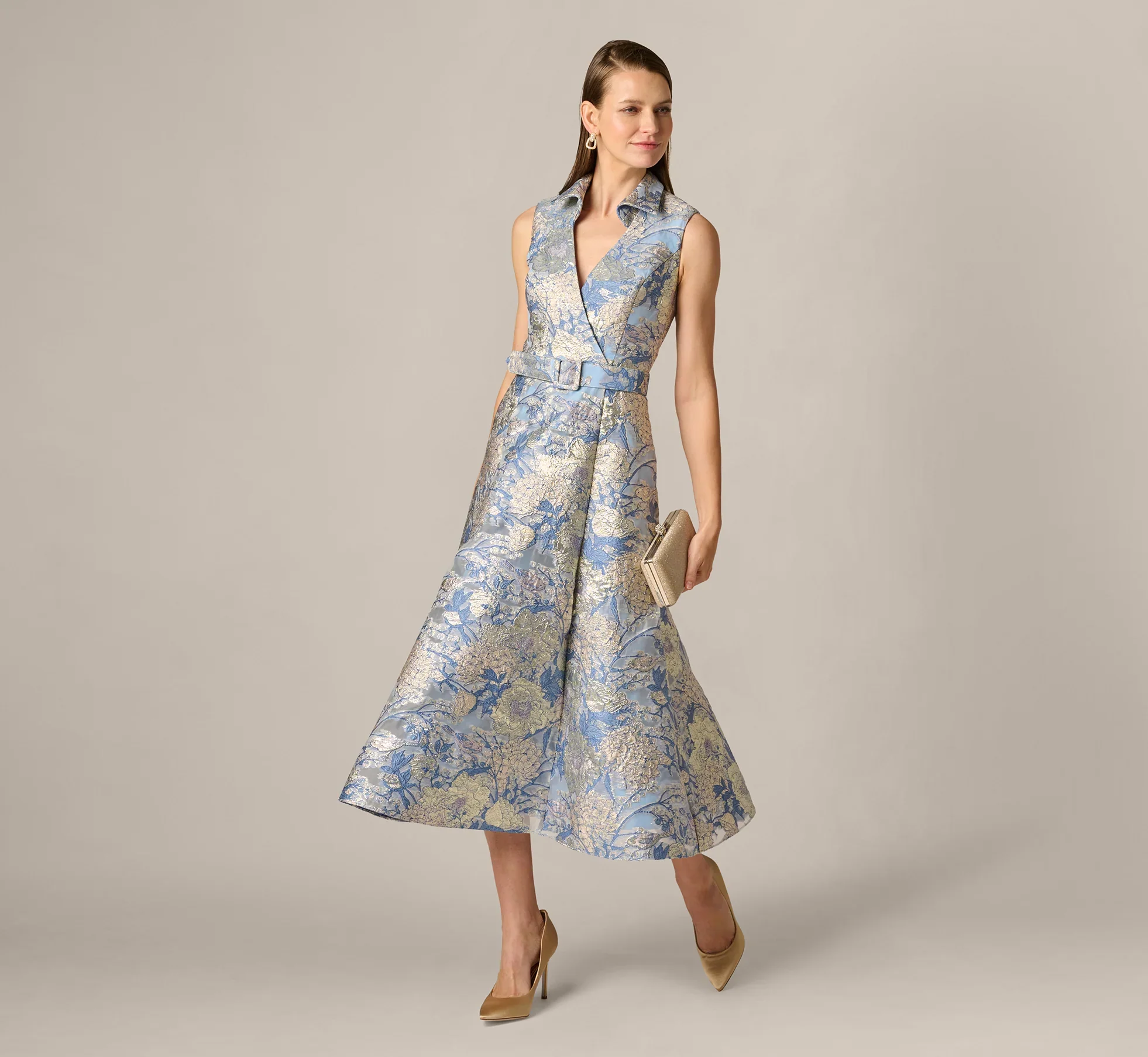 Aidan Mattox Floral Jacquard Collared Midi Dress MD1E209963 - Image 2