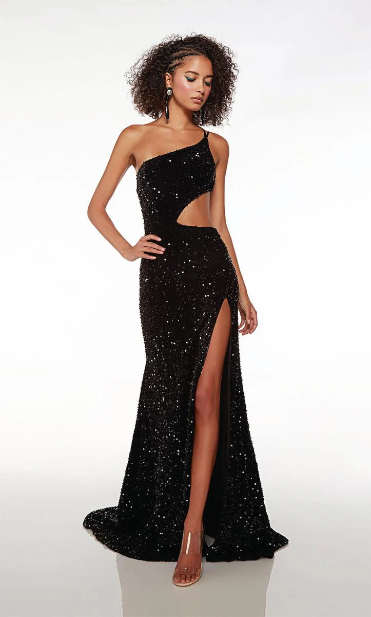 Alyce Paris One Shoulder Velvet Sequin Prom Dress 61707 - Image 3