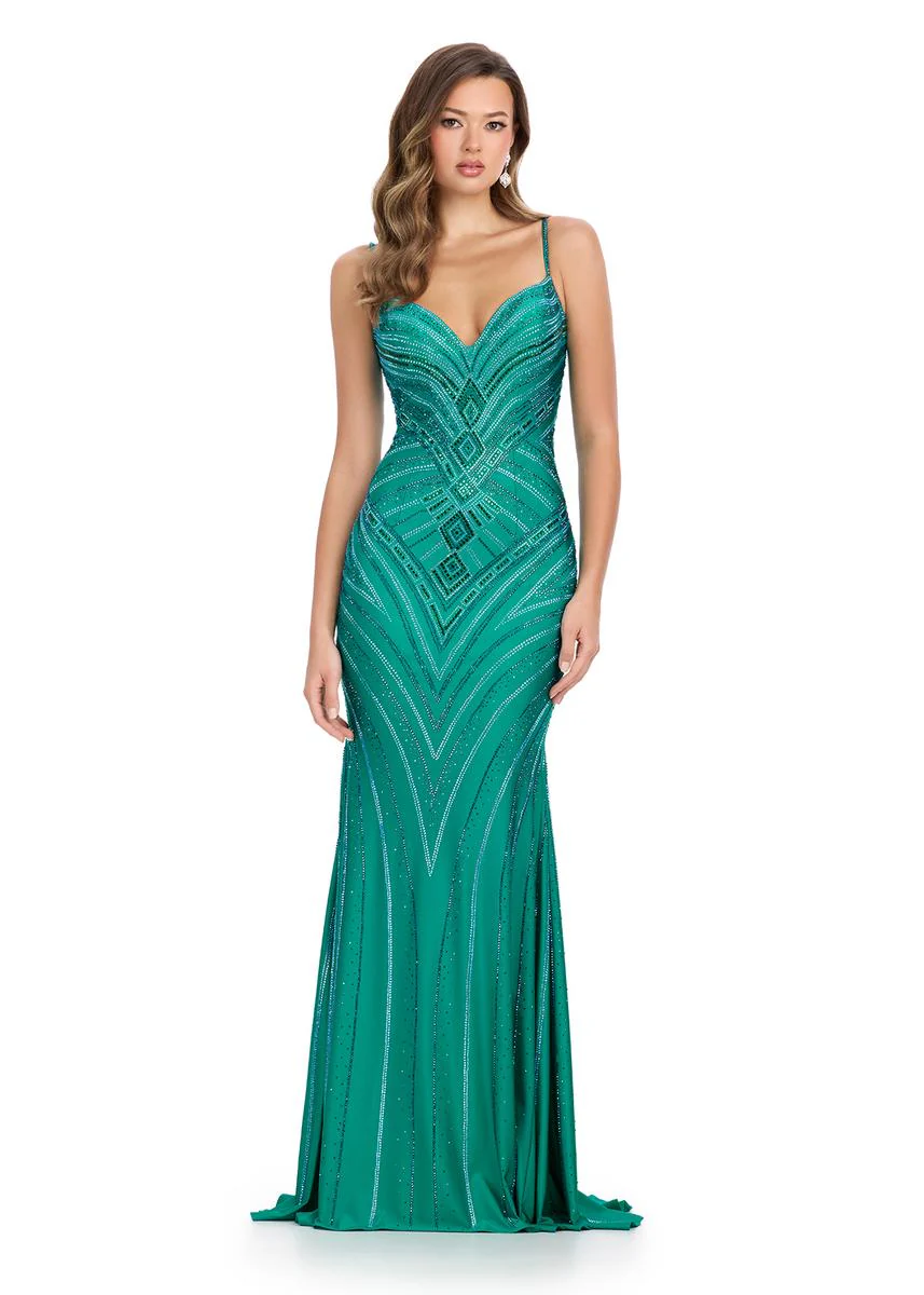 ASHLEYlauren Deco Beaded Jersey Prom Dress 11937