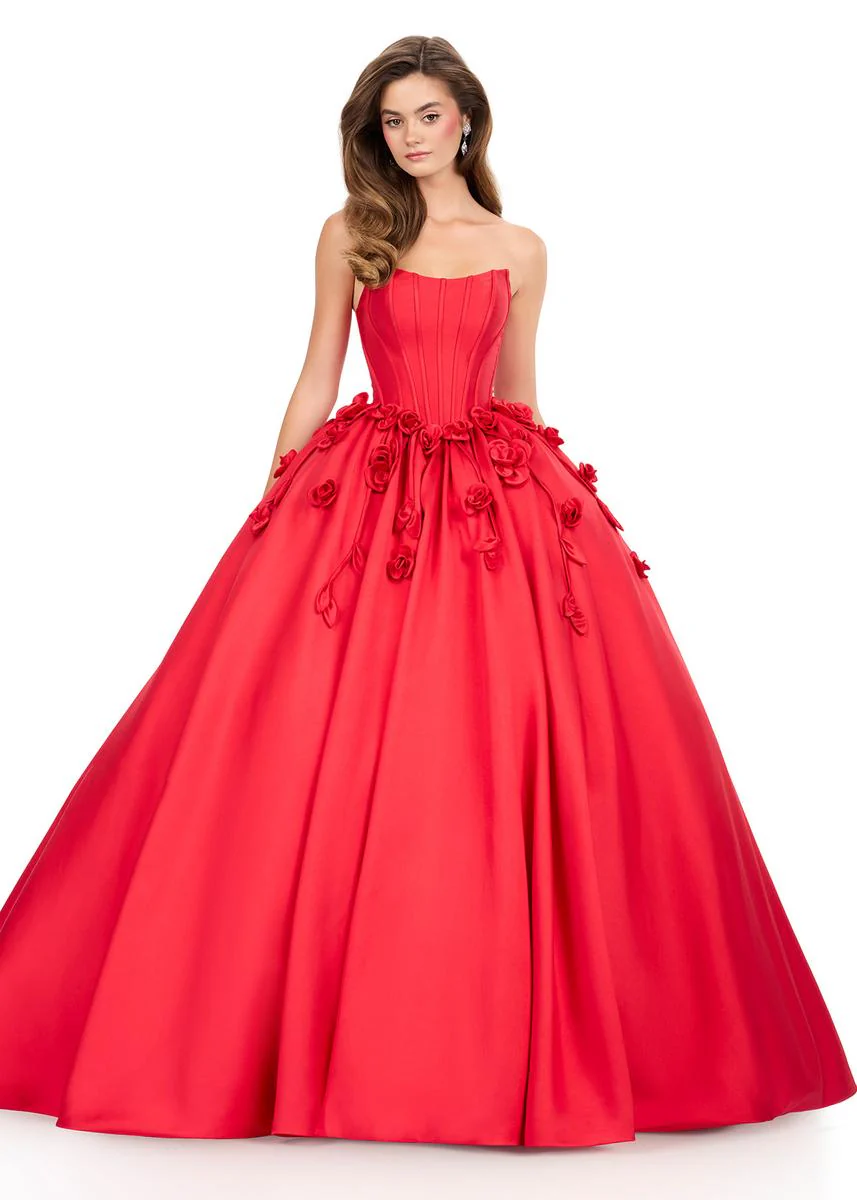 ASHLEYlauren Strapless 3D Applique Ballgown Dress 12062