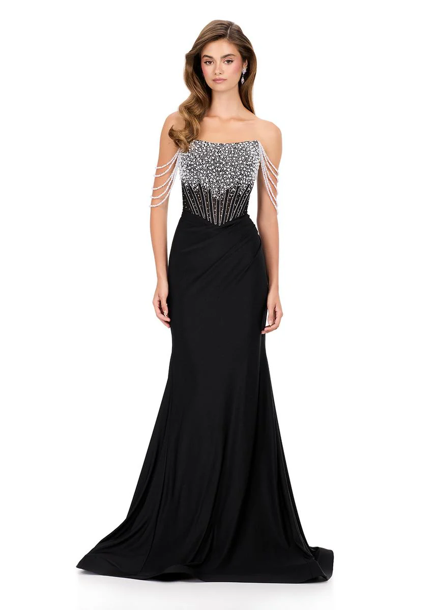 ASHLEYlauren Pearl Off Shoulder Prom Dress 12154