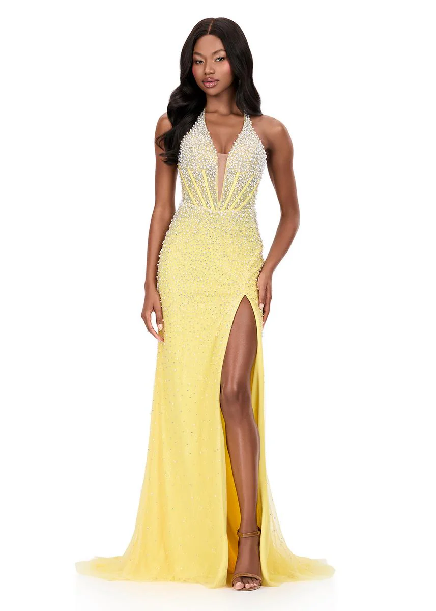 ASHLEYlauren Beaded Lace Halter Prom Dress 12177