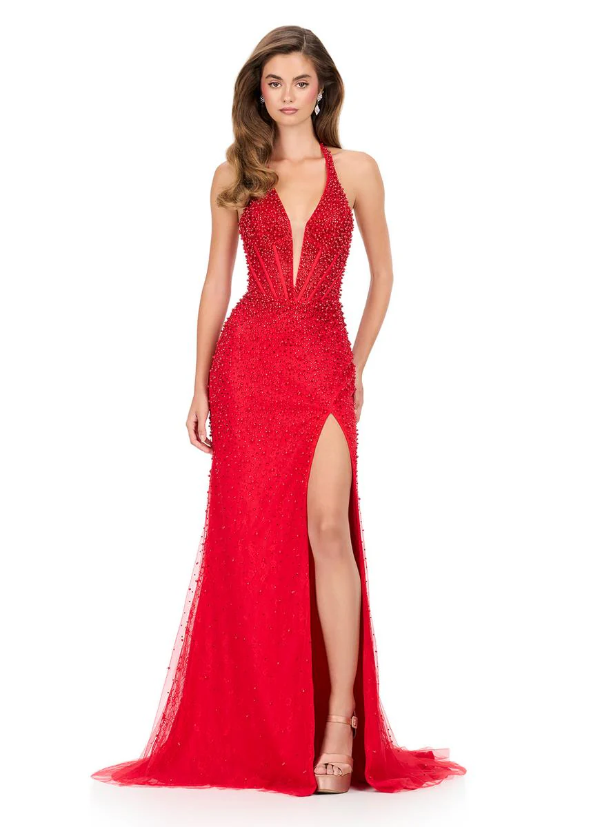 ASHLEYlauren Beaded Lace Halter Prom Dress 12177 - Image 9