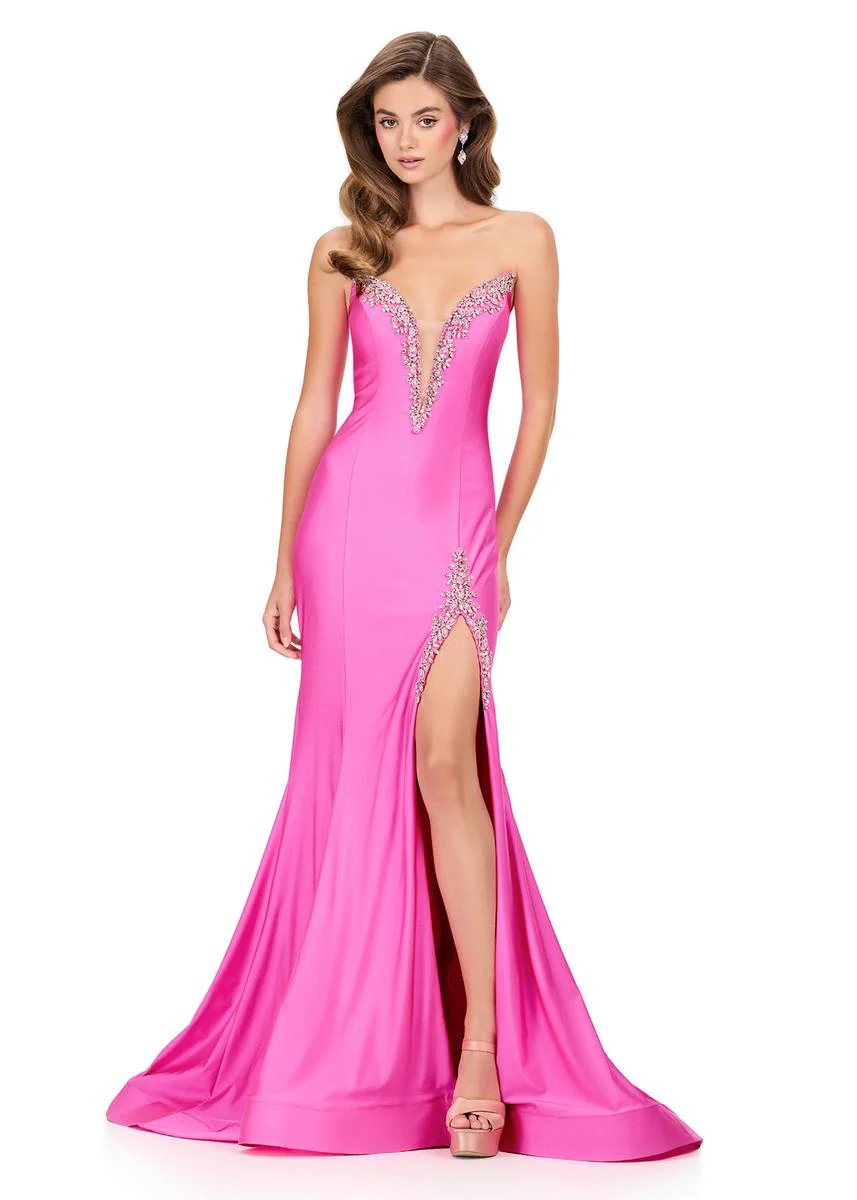 ASHLEYlauren Plunging Bead Accented Prom Dress 12191 - Image 3