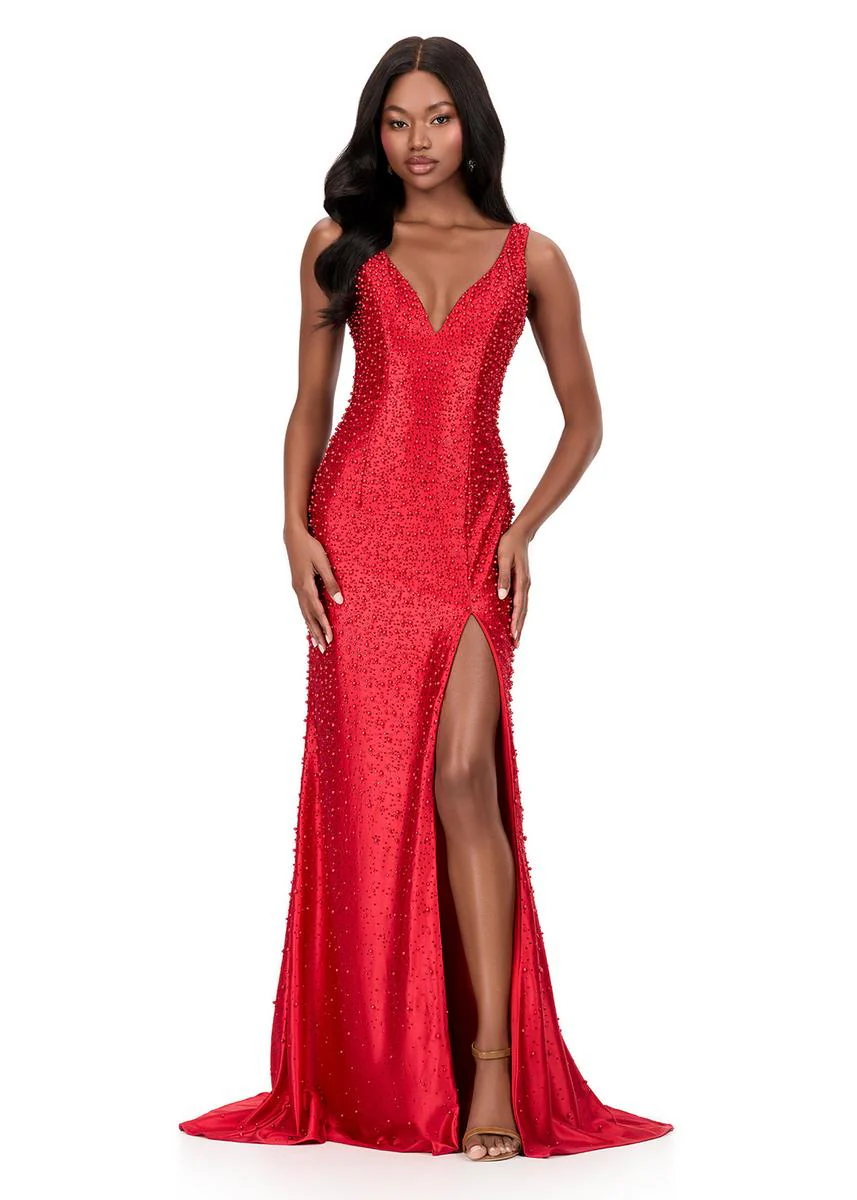 ASHLEYlauren Beaded Jersey Open Back Prom Dress 12194 - Image 9