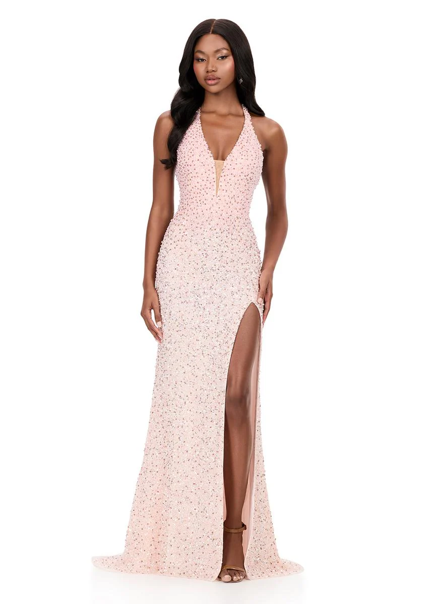 ASHLEYlauren Beaded Halter Fitted Prom Dress 12232 - Image 11