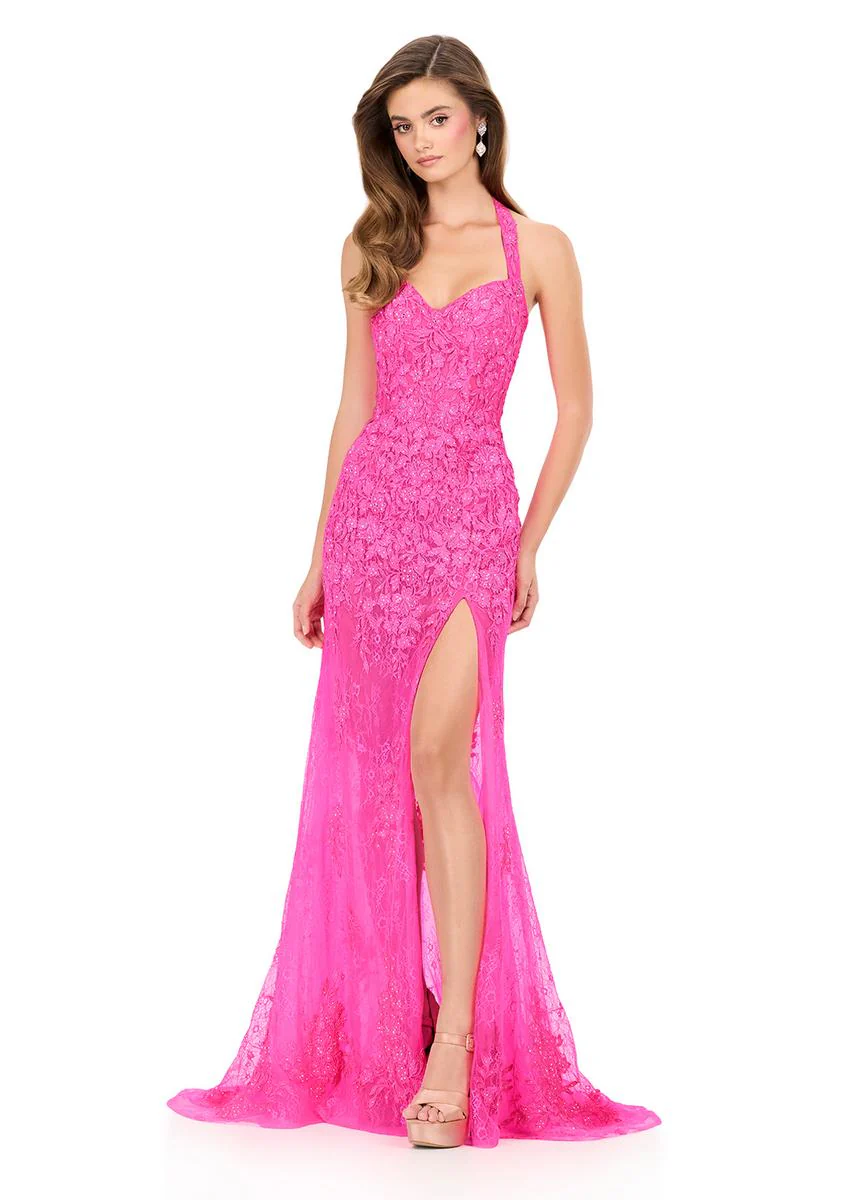 ASHLEYlauren Halter Fitted Lace Prom Dress 12256 - Image 5