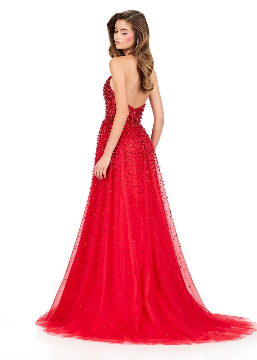 ASHLEYlauren Beaded Tulle Halter Prom Dress 12268 - Image 2