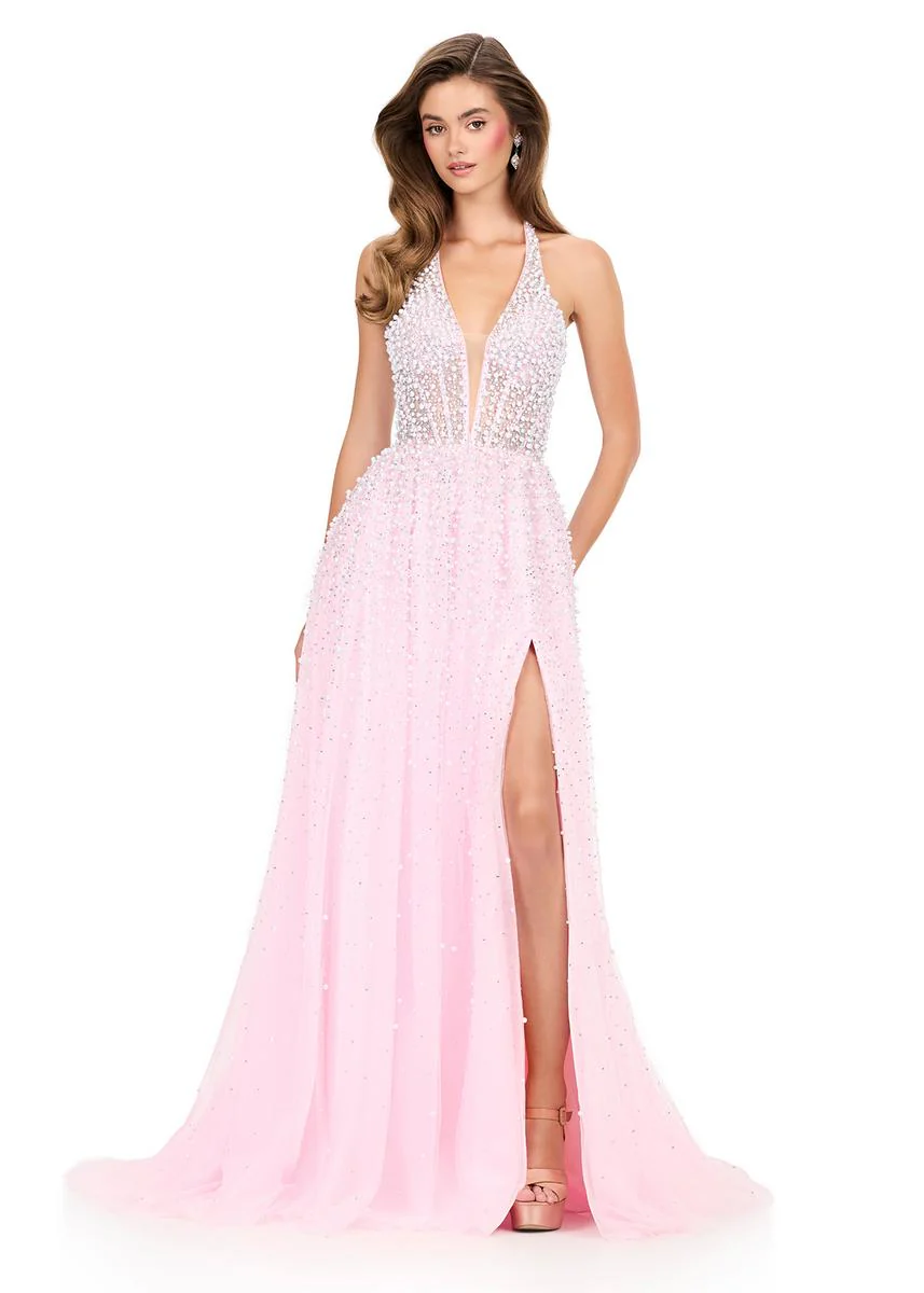 ASHLEYlauren Beaded Tulle Halter Prom Dress 12268 - Image 7