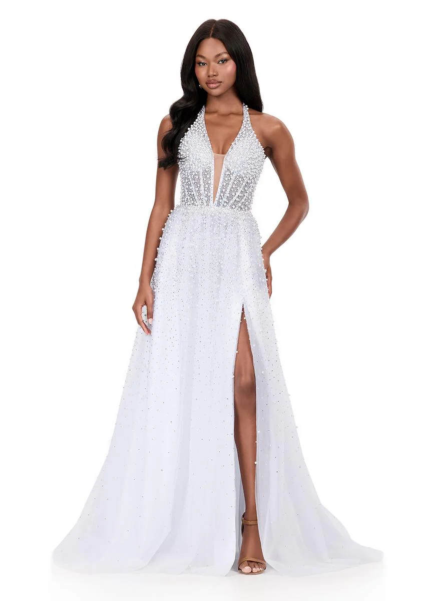 ASHLEYlauren Beaded Tulle Halter Prom Dress 12268 - Image 9