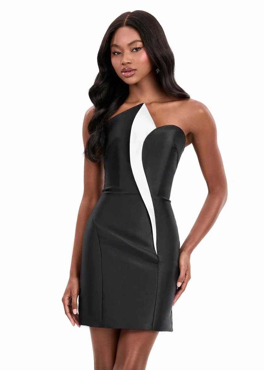 ASHLEYlauren Asymmetrical Neckline Fitted Short Dress 4973 - Image 3