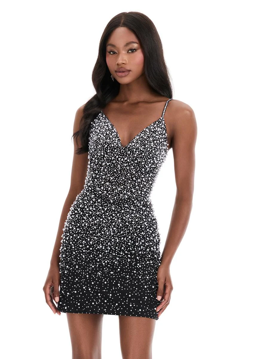 ASHLEYlauren Short V-Neck Pearl Embellished Homecoming Dress 4925 - Image 3