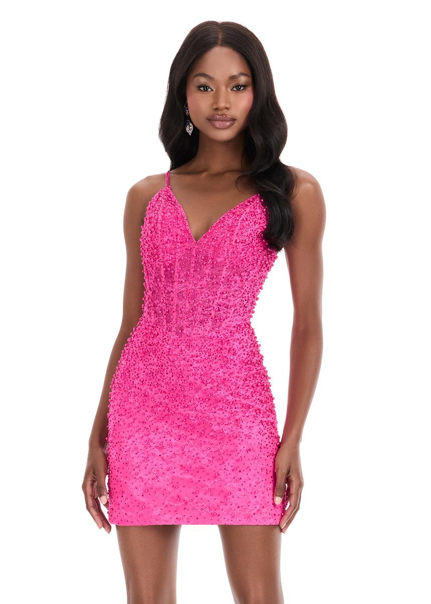 ASHLEYlauren Short V-Neck Pearl Embellished Homecoming Dress 4925 - Image 9
