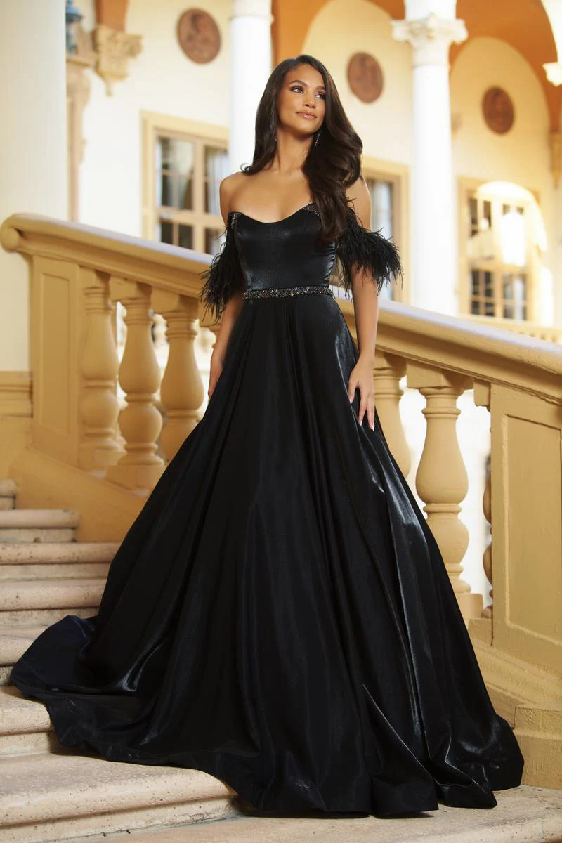 Ava Presley Feather Off the Shoulder Prom Dress 28570