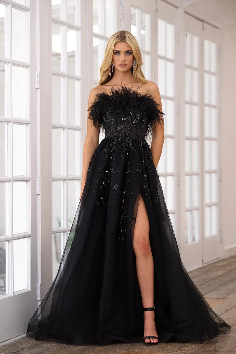 Ava Presley A-Line Feather Strapless Prom Dress 39232