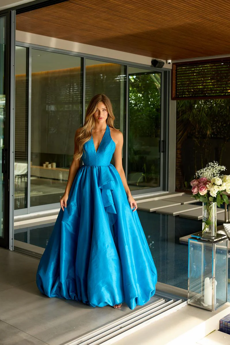 Ava Presley Halter Ballgown with Bubble Hem Prom Dress 47146