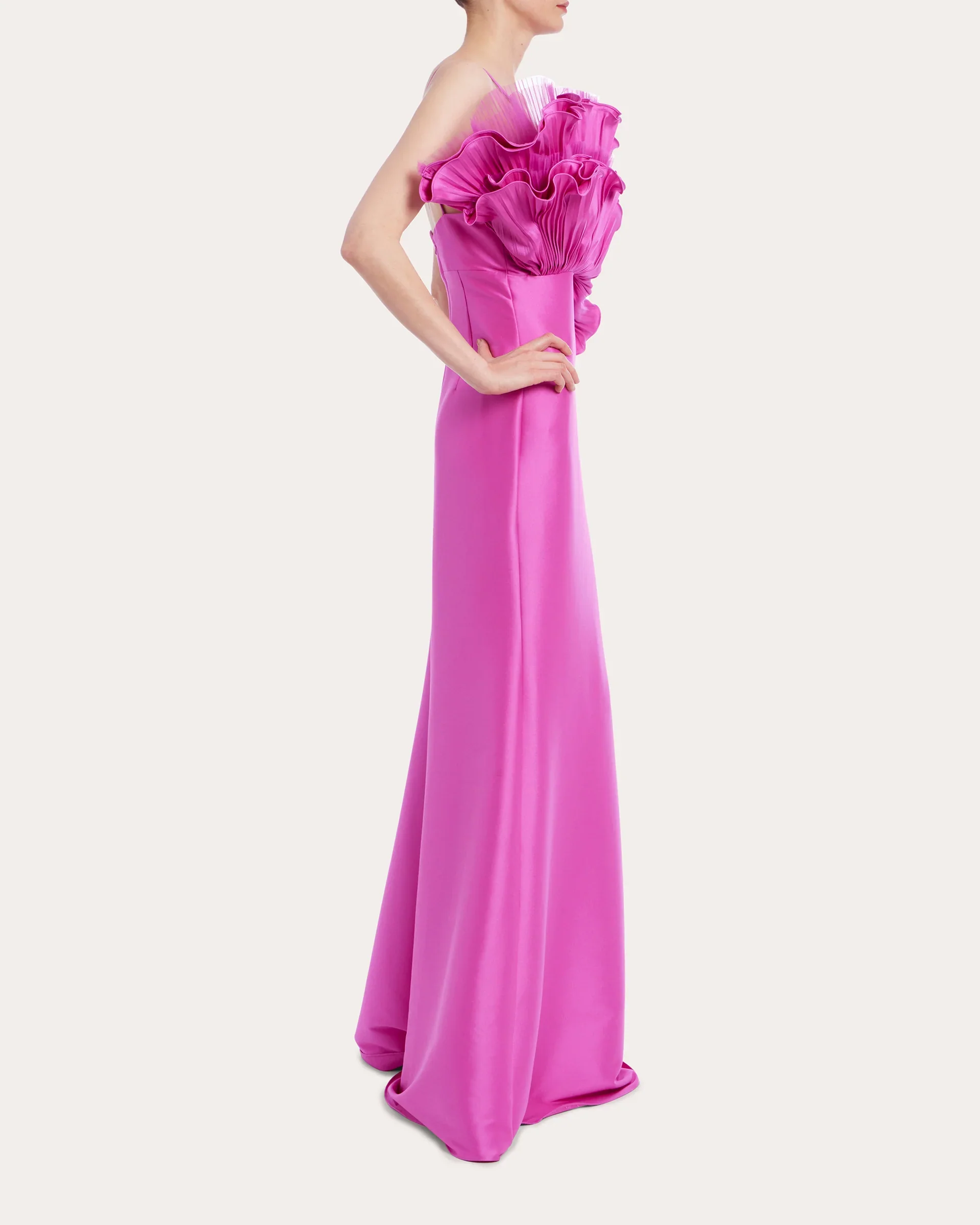 Badgley Mischka Pleated Ruffle Fan Flared Mikado Gown EG4416 - Image 3