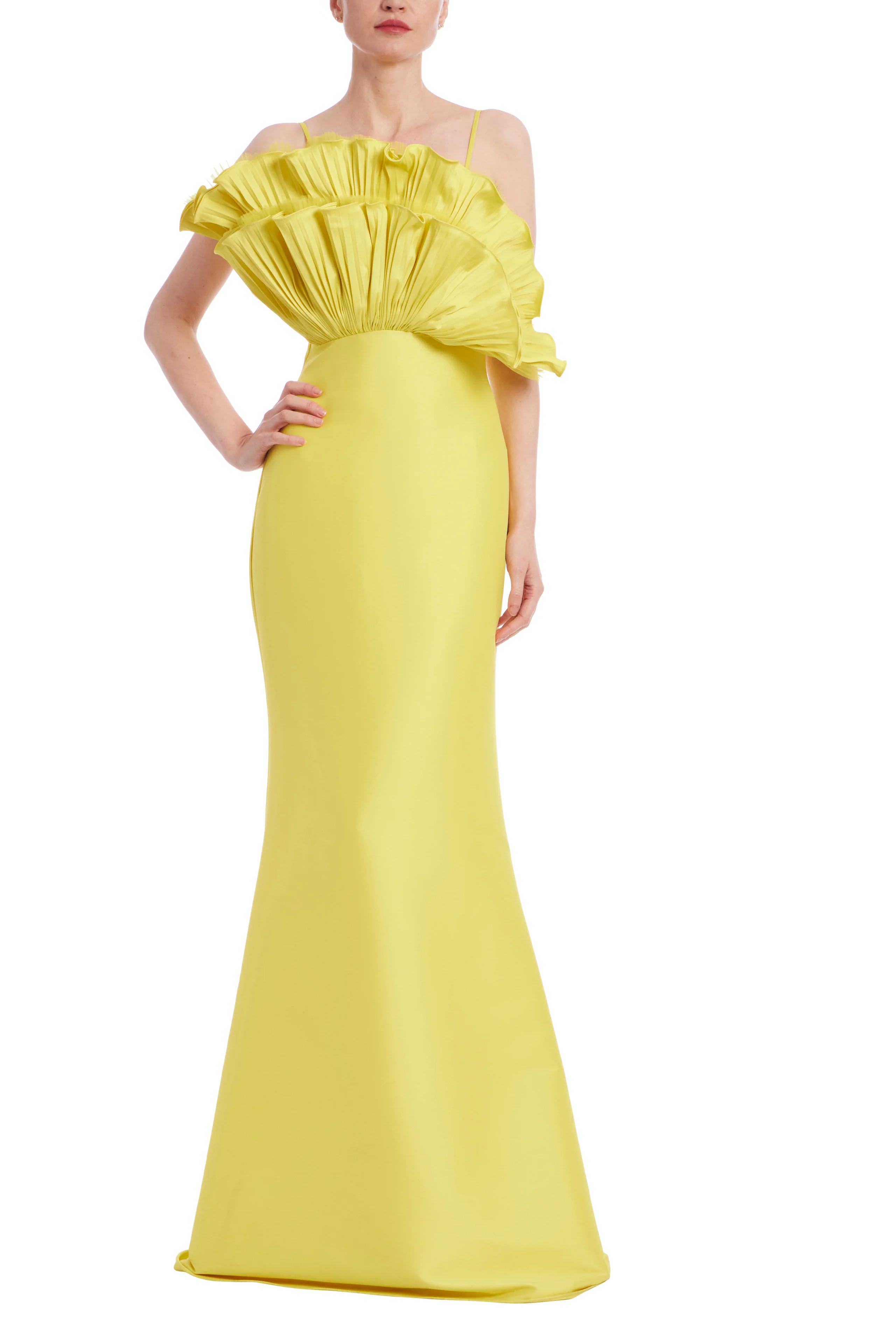 Badgley Mischka Pleated Ruffle Fan Flared Mikado Gown EG4416 - Image 4