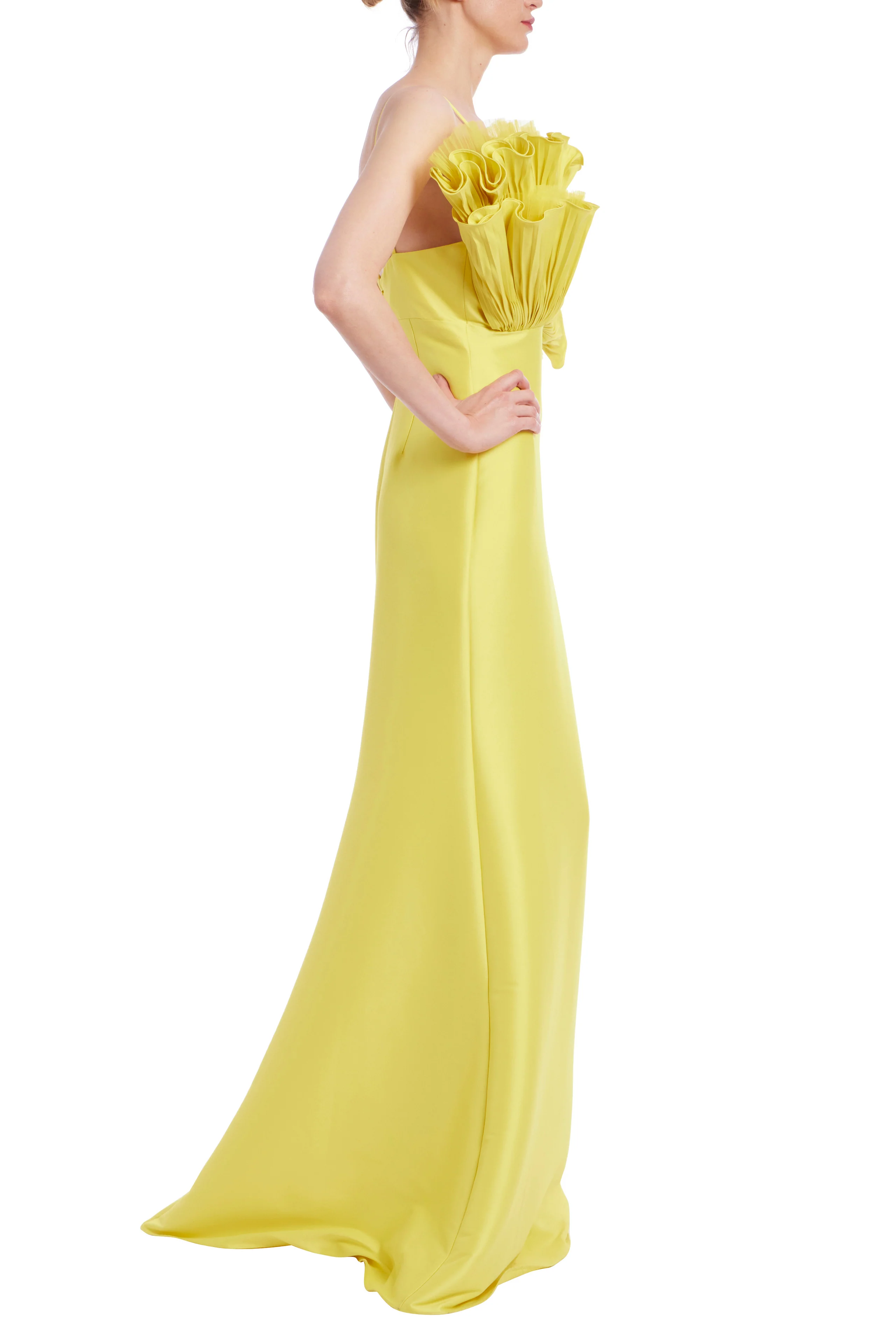 Badgley Mischka Pleated Ruffle Fan Flared Mikado Gown EG4416 - Image 5