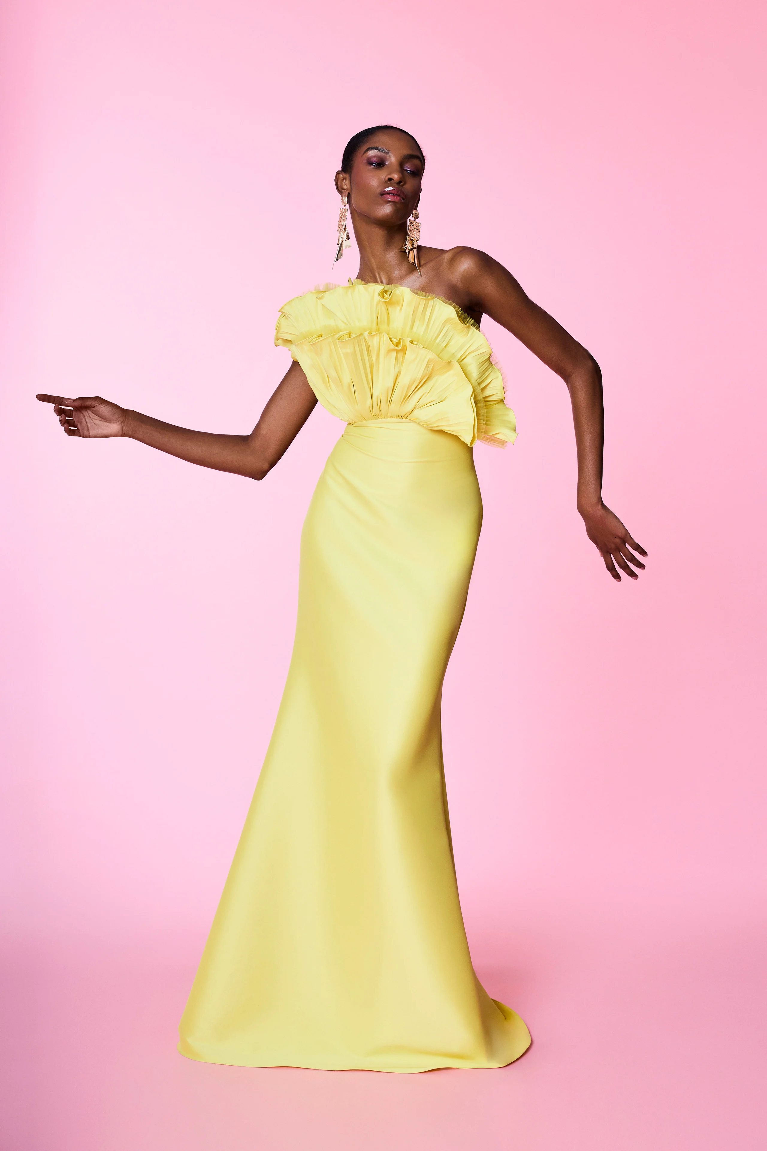 Badgley Mischka Pleated Ruffle Fan Flared Mikado Gown EG4416 - Image 7