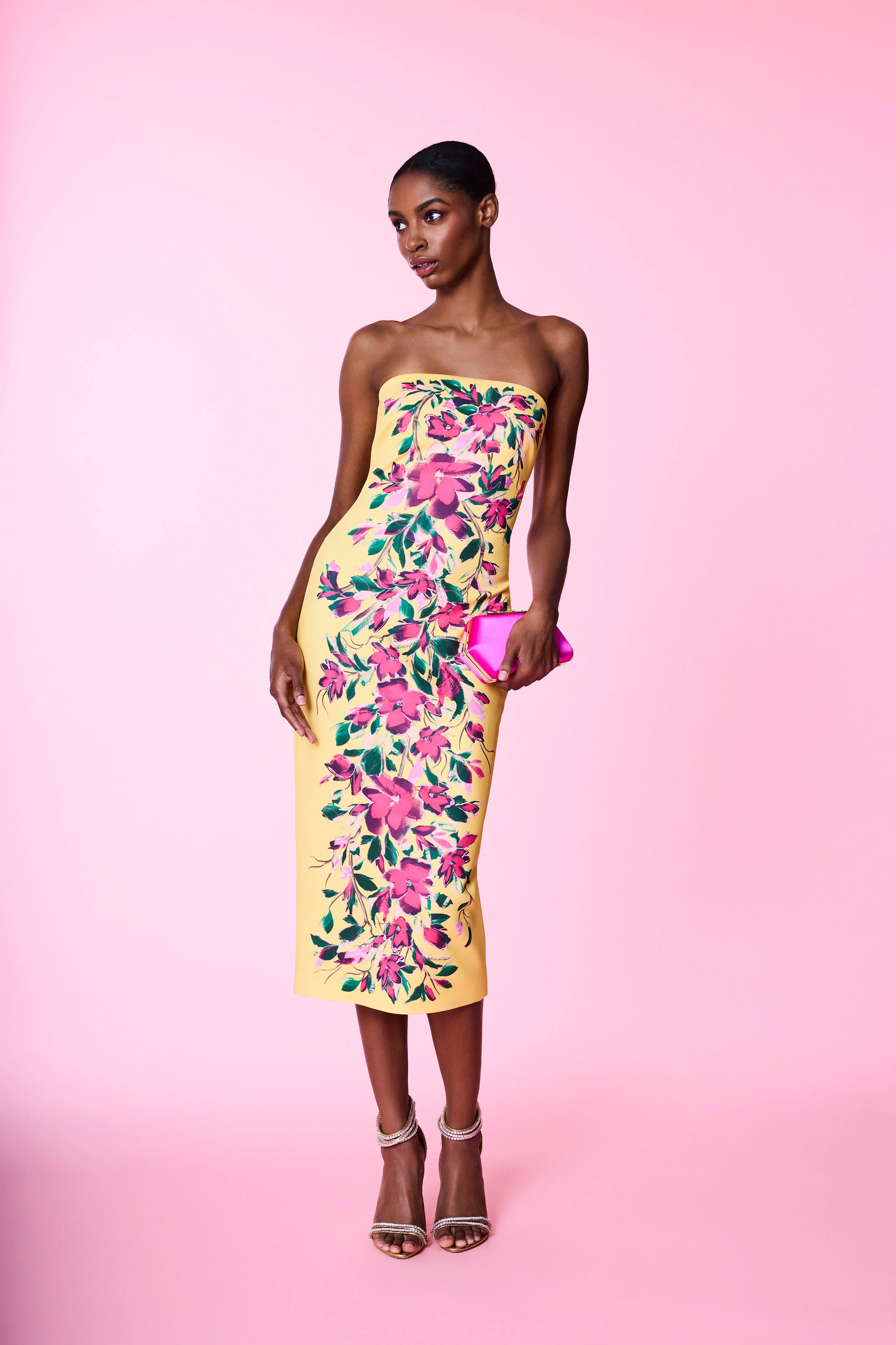 Badgley Mischka Strapless Floral Sheath Midi Dress SC4341