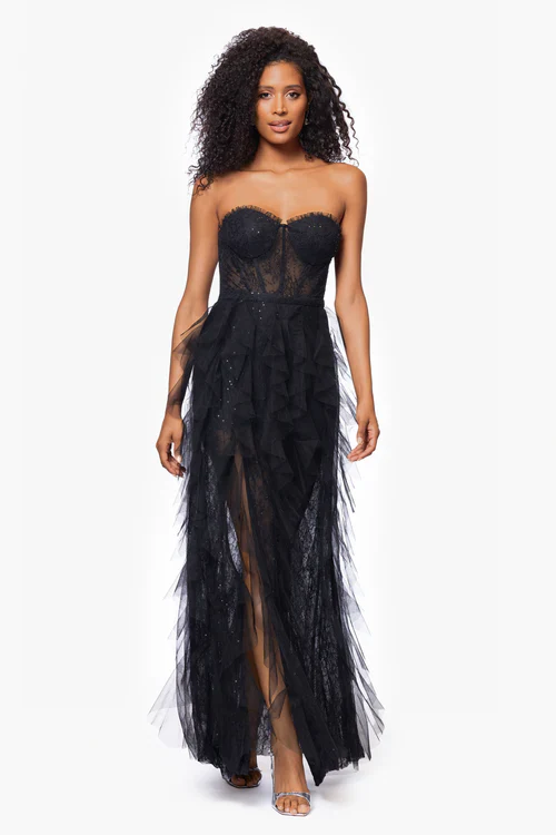 Betsy & Adam "Angelina" Strapless Mesh Ruffle Dress A26845 - Image 5