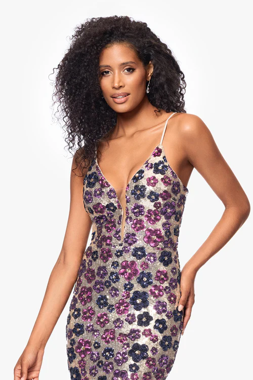 Betsy & Adam "Rava" Sequin V-Neck Floral Dress A26847 - Image 2