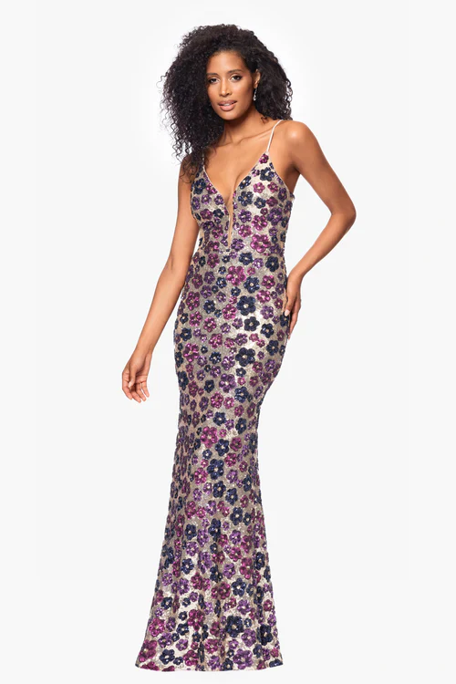 Betsy & Adam "Rava" Sequin V-Neck Floral Dress A26847 - Image 4