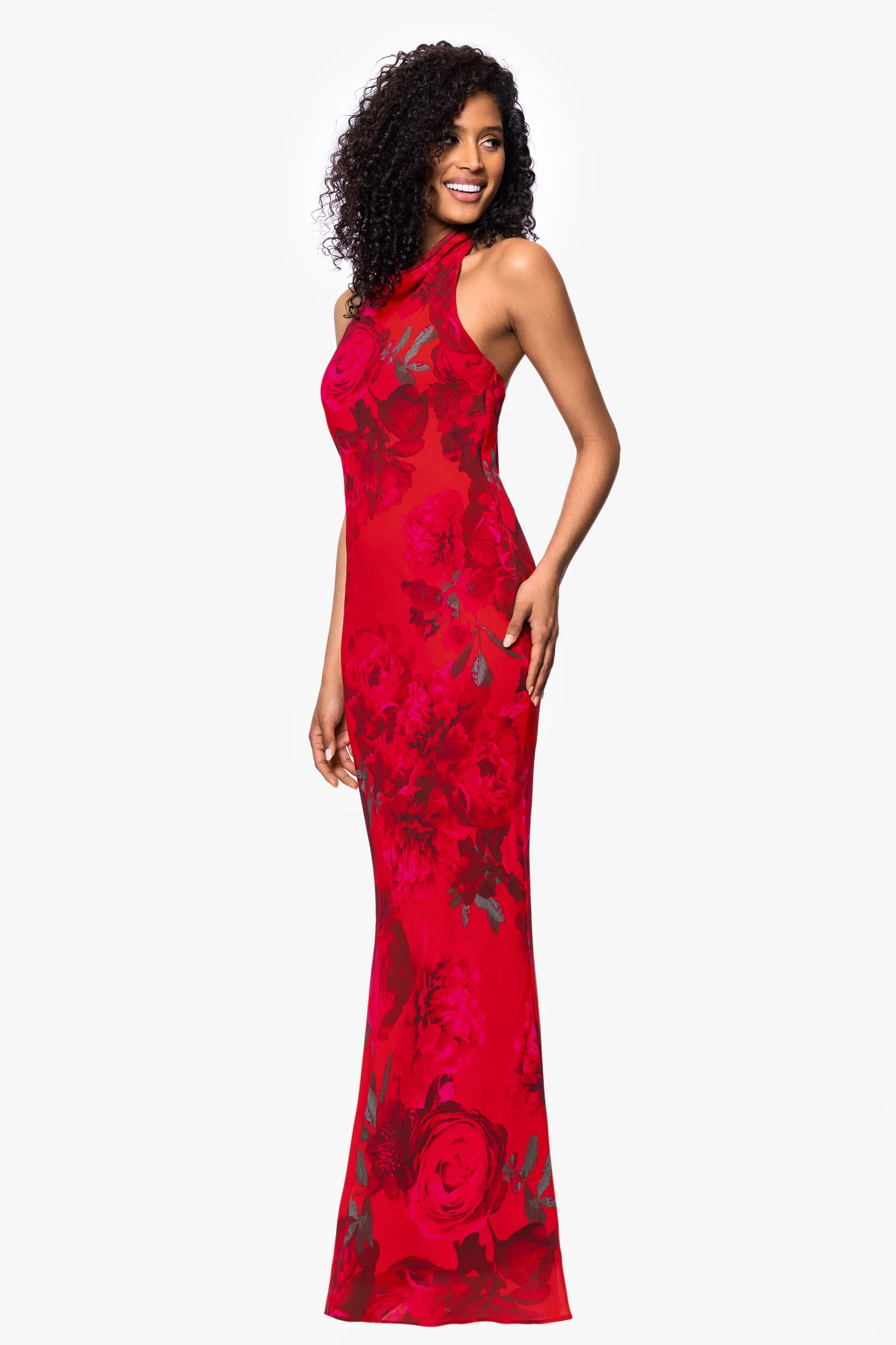 Betsy and Adam "Carly" Floral Chiffon Halter Tie Neck Dress A26926 - Image 4