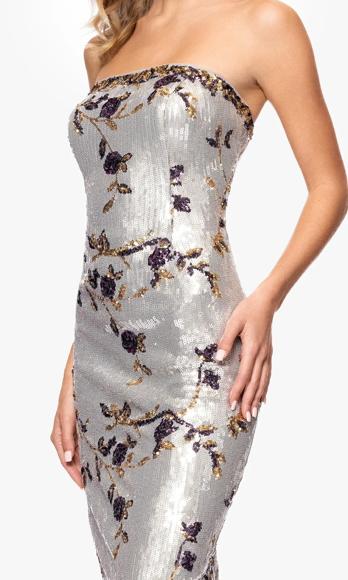 Betsy and Adam Strapless Fitted Sequin Floral Dress A26994 - Image 3