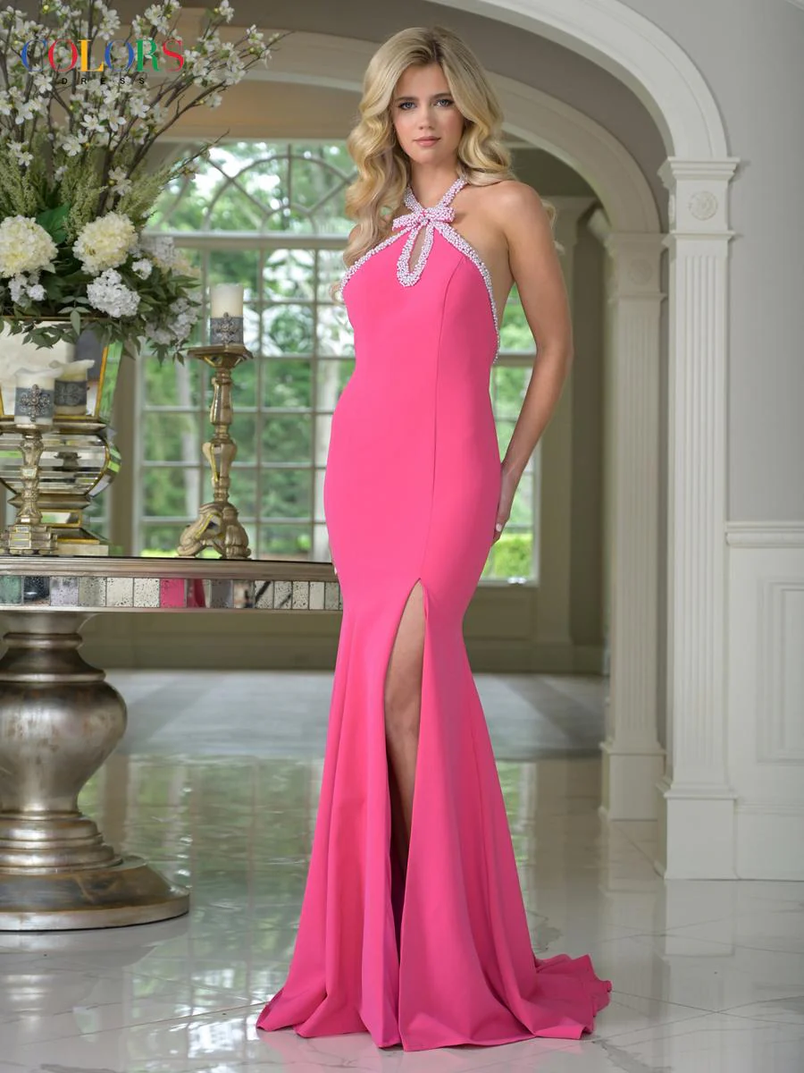 Colors Dress Pearl Halter Open Back Prom Dress 3718 - Image 3