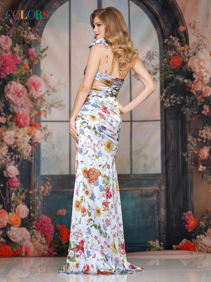 Colors Dress Satin Floral Print Fitted Prom Dress 3805 - Image 2