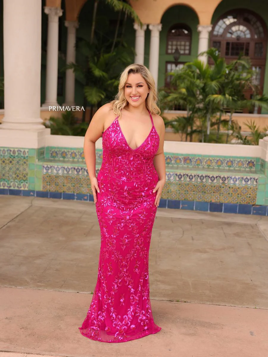Primavera Curvy V-Neck Sequin Prom Dress 14043 - Image 5