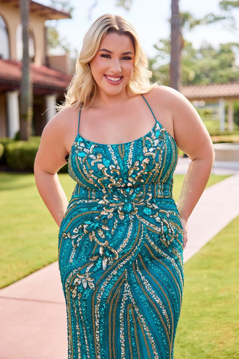 Curvy by Primavera Swirl Beadwork Fitted Prom Dress 14101 - Image 8