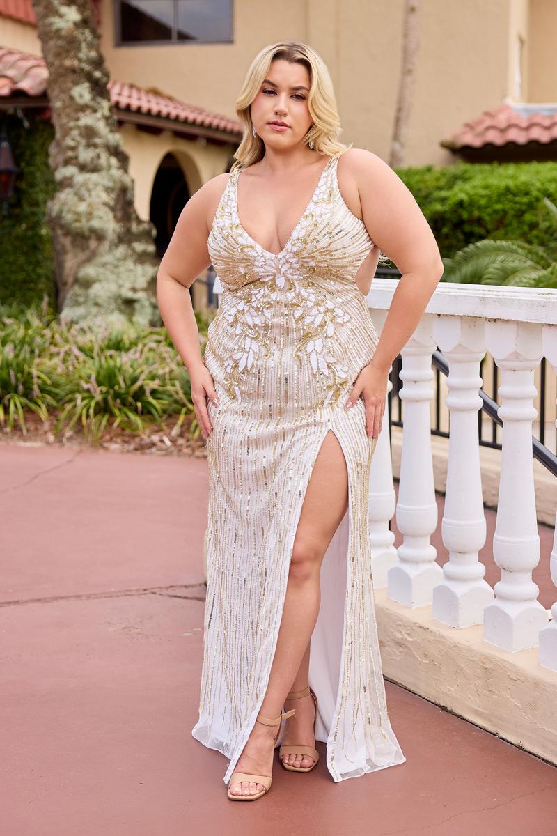 Curvy by Primavera Open Back Fitted Prom Dress 14104Curvy by Primavera 14104 fitted prom dress with plunging neckline, fully beaded bodice, high slit, side cutouts, and open lace-up upper back.