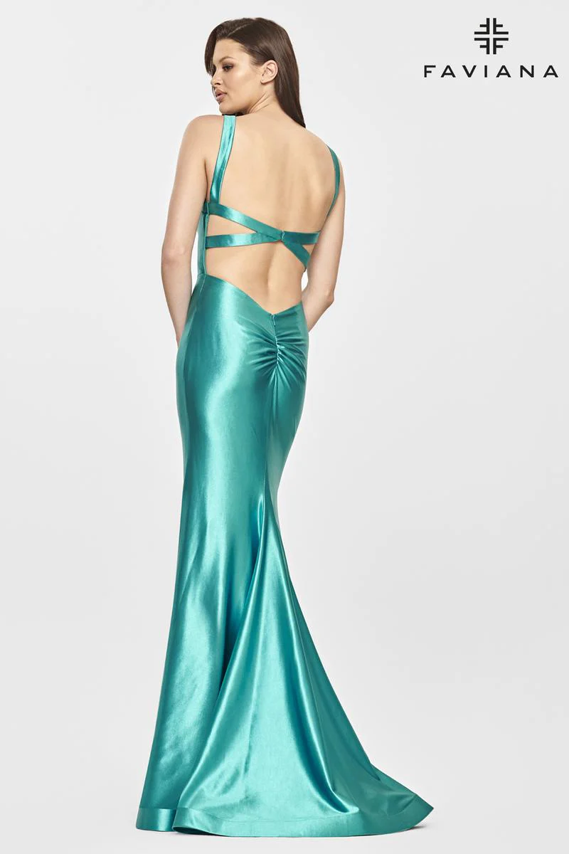 Faviana Long Satin Scoop Neck Dress S10809 - Image 9