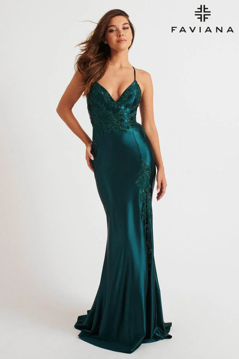 Faviana Satin Lace V-Neck Prom Dress 11010 - Image 28