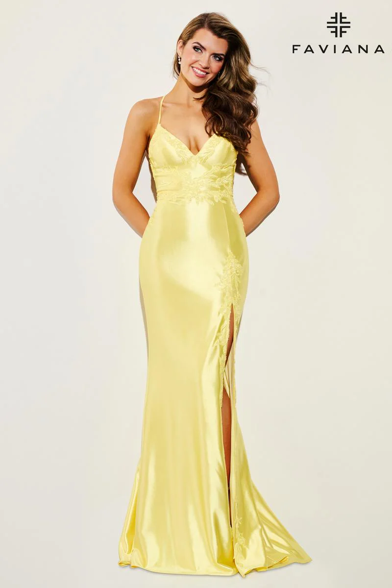Faviana Satin Lace V-Neck Prom Dress 11010 - Image 36