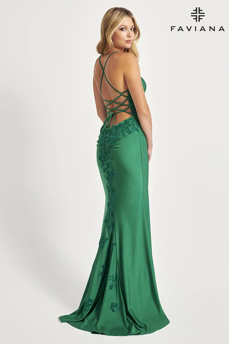 Faviana Fitted Satin Lace Detail Prom Dress 11020 - Image 8
