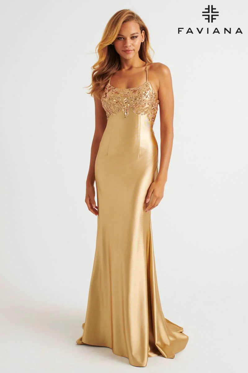 Faviana Sequin Applique Satin Prom Dress E11201 - Image 2