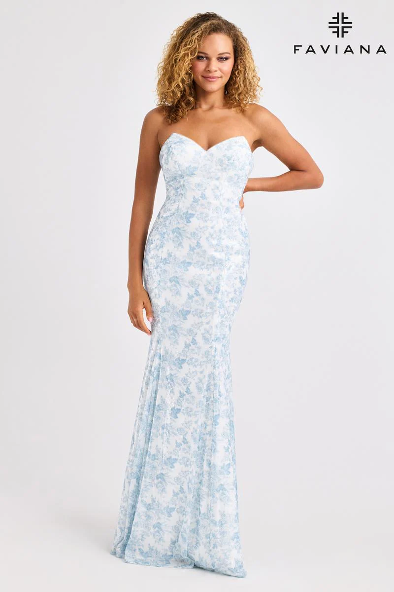 Faviana Fit and Flare Strapless Print Prom Dress 11441 - Image 3