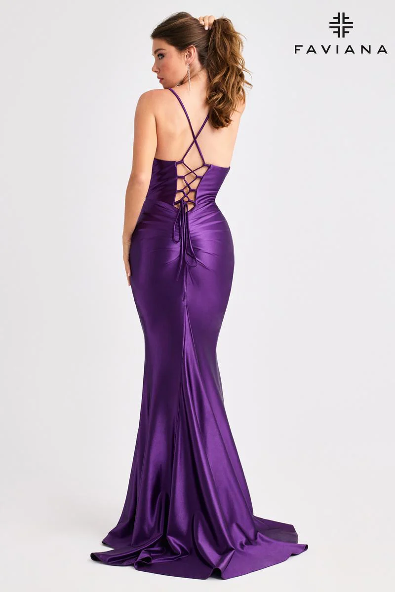 Faviana Plunging Ruched Satin Prom Dress E11423 - Image 6