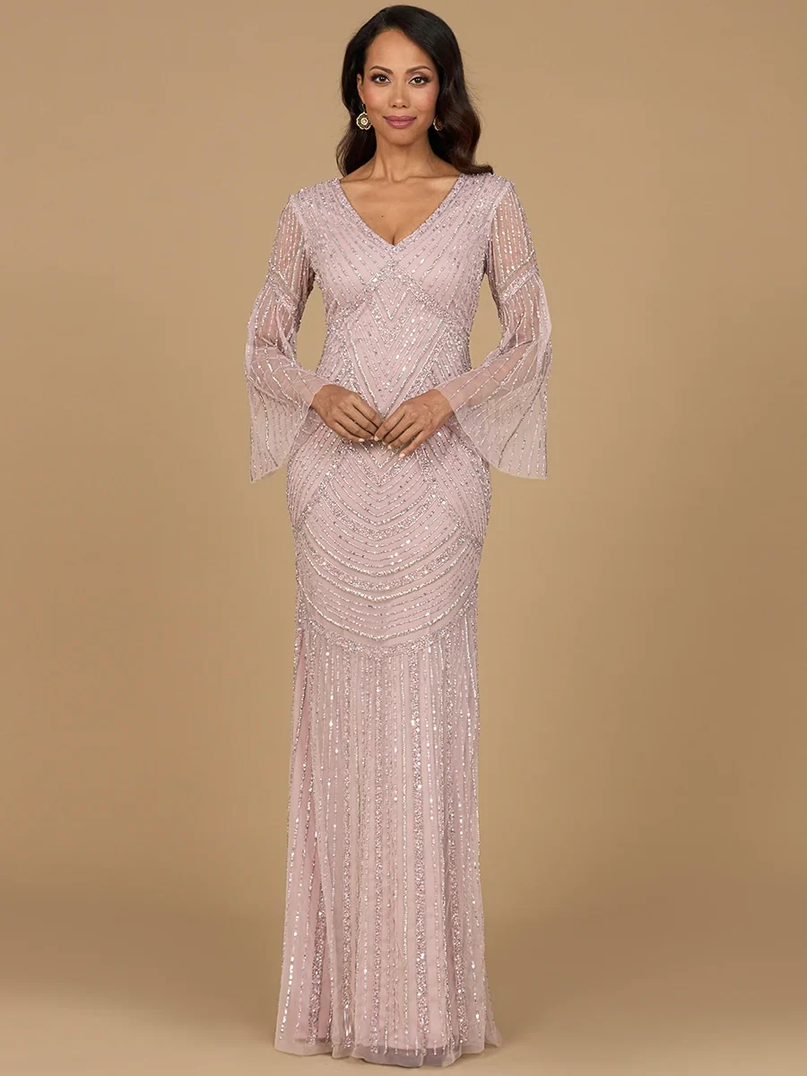 Lara Beaded V-Neck Long Sleeve Evening Gown 28954 - Image 3