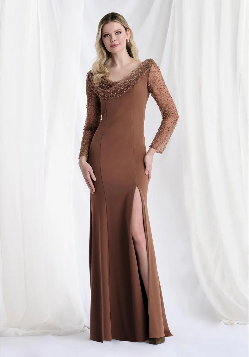 MLNY Cowl Neck Long Sleeve Evening Dress 73156