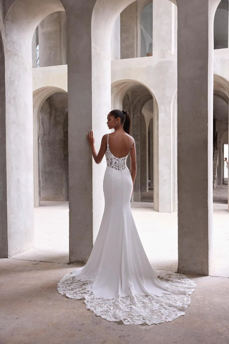 Morilee "Amaris" Crepe & Lace Sheath Bridal Gown with Straps - Image 4
