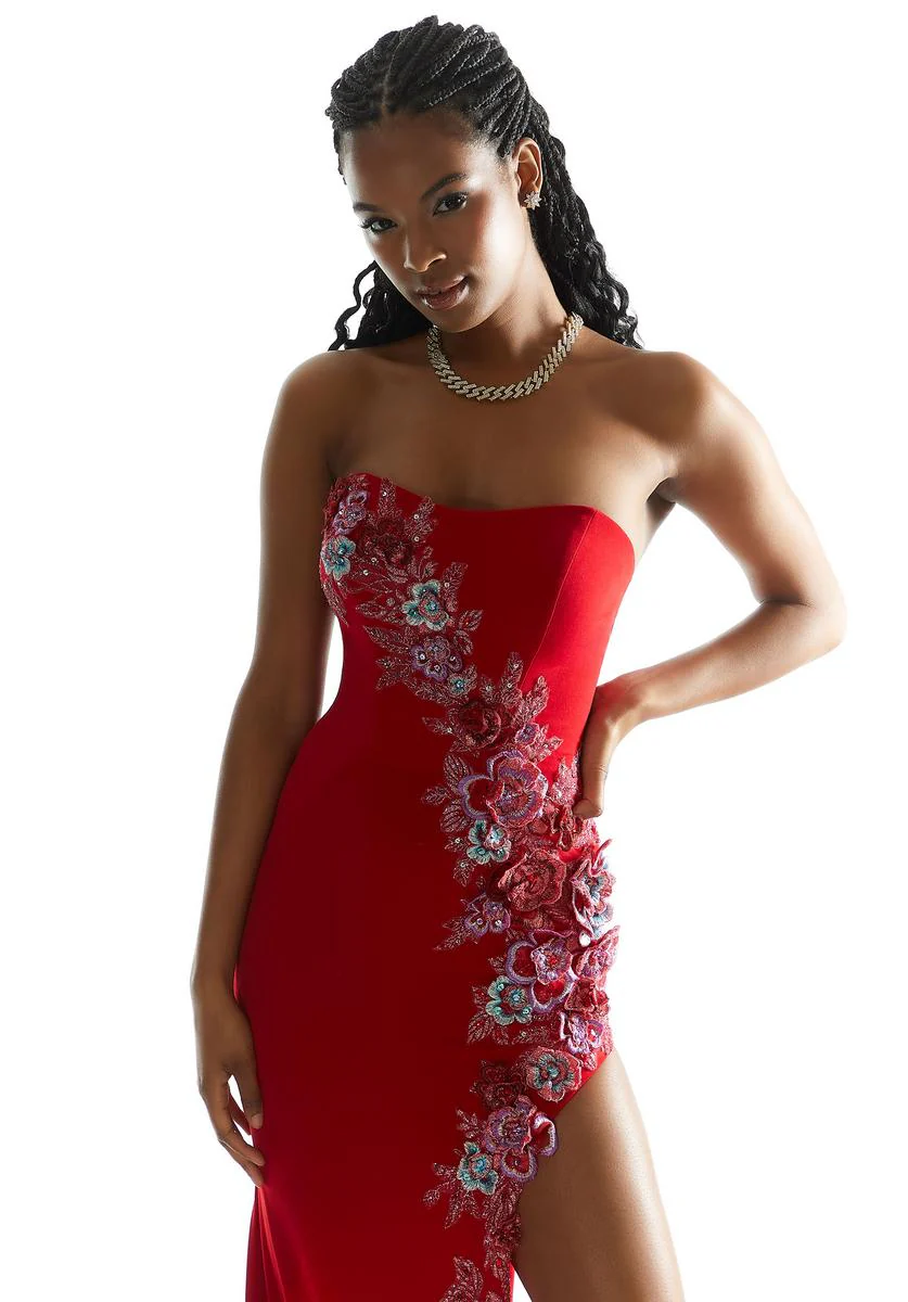 Morilee Strapless 3D Floral High Slit Prom Dress 49009 - Image 3