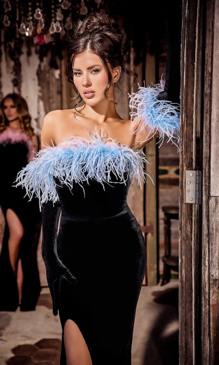 Portia and Scarlett Strapless Feather Velvet Dress PS24049 - Image 8