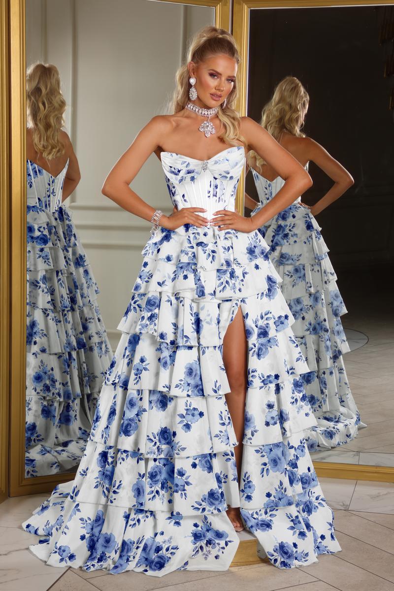 Portia & Scarlett Blue & White Floral Prom Dress PS25966