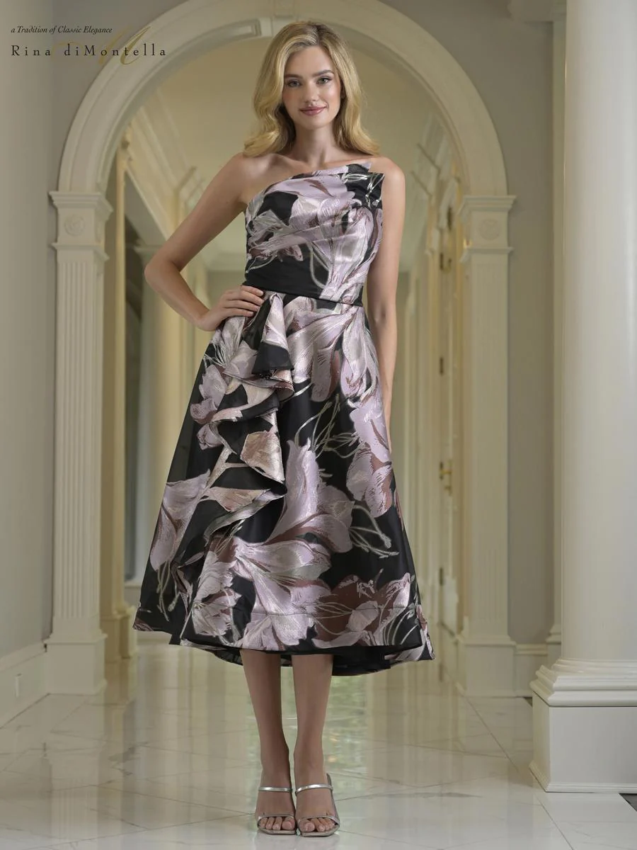 Rina di Montella Asymmetrical Strapless Midi Dress RD214